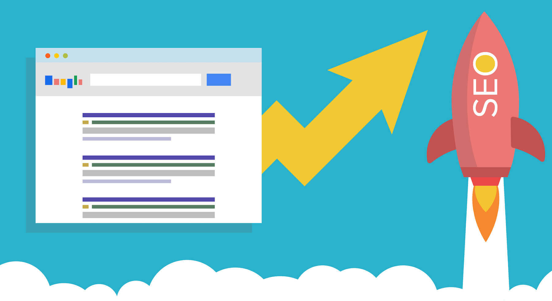 A graphic of search engine results increasing next to a rocket ship that says "SEO"
